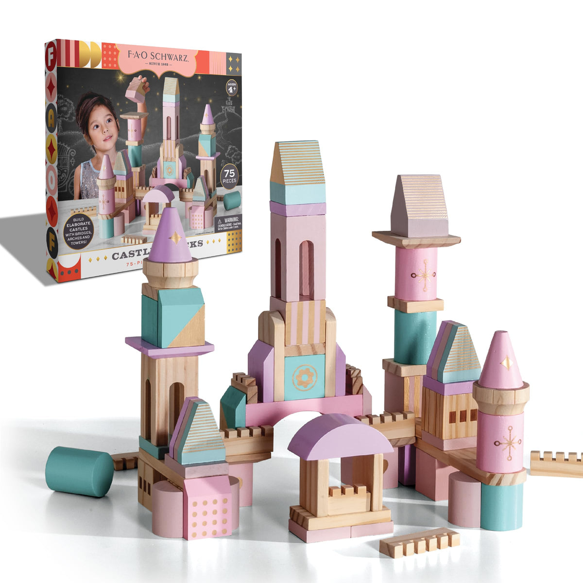 FAO Schwarz Castle Blocks, 75Piece Solid Wood Building Set, Ages 4+