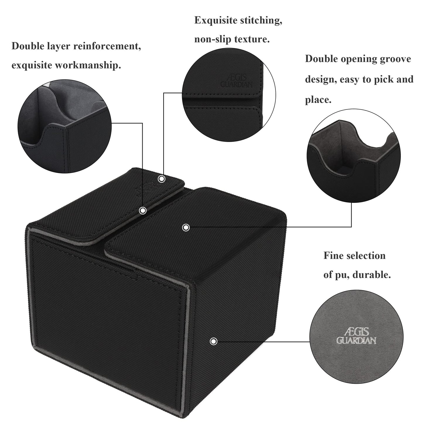 ÆGIS GUARDIAN MTG Card Deck Box with Dice Tray, Faux Leather, Fits 150+ Sleeved Cards, Black