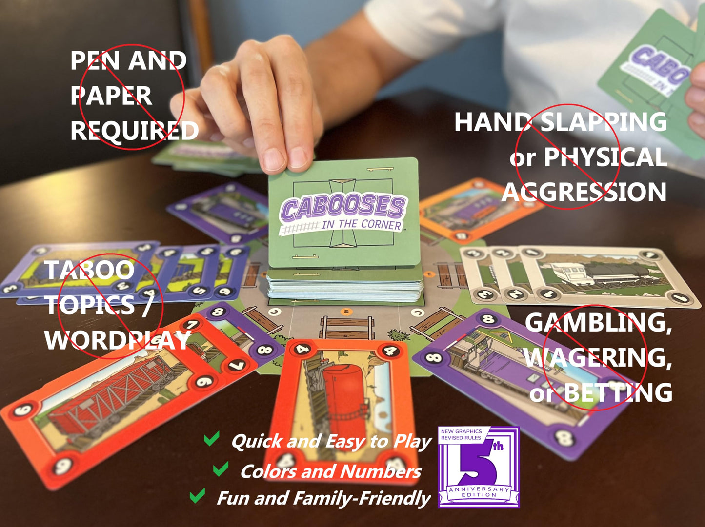 Cabooses In The Corner - Easy, Fun, & Educational Train Building Card Game - 2-5 Players - Colors, Numbers - English, Spanish - Ages 7+