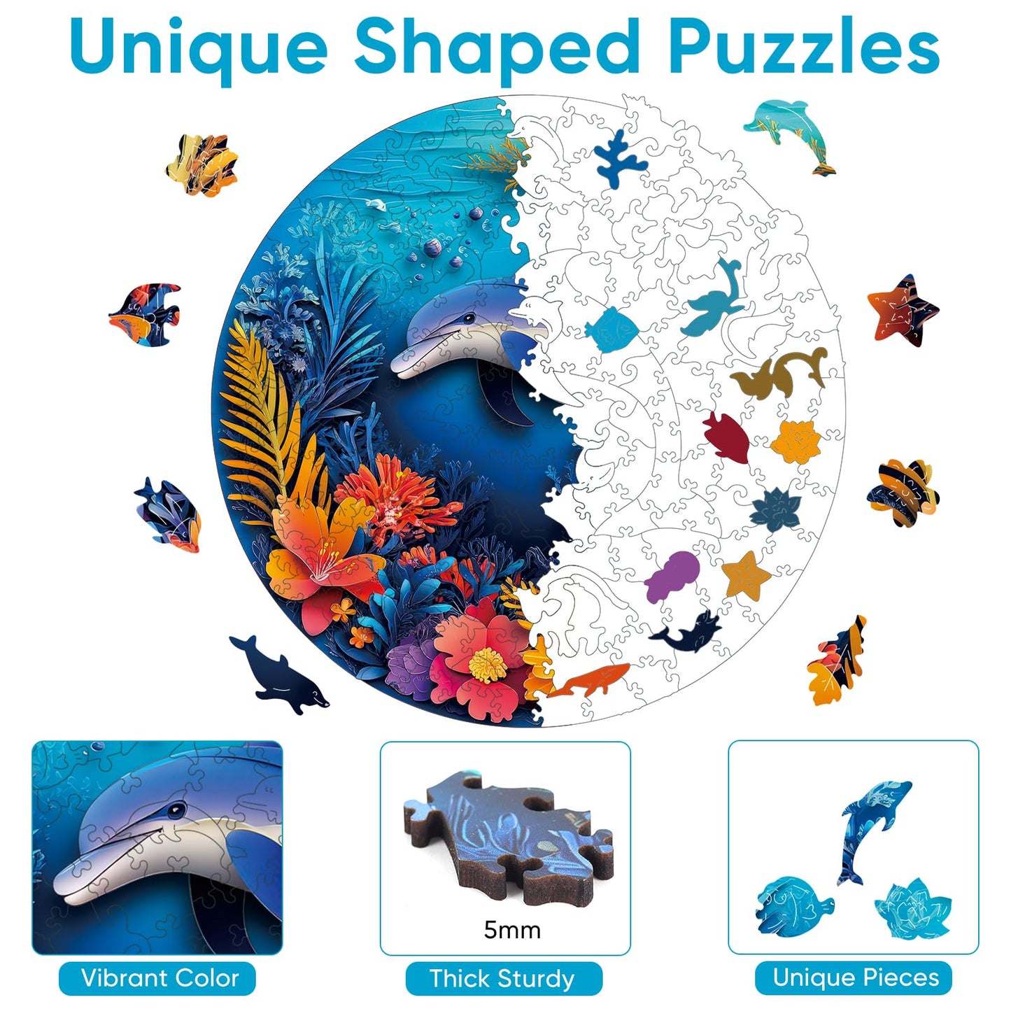 Ruikiyart Wooden Puzzles for Adults, 5MM 200 Pieces Dolphin Wooden Jigsaw Puzzles, Sea Animal Unique Shaped Puzzle Gifts for Adu