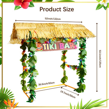 Auihiay 50Pcs Tiki Bar Hut Kit, Tiki Hut Decoration Includes Tiki Bar, Banner, Roof, Palm Leaves, Flower Garland And Table Skirt, Great Hawaiian Pool Beach Luau Party Decor Supplies