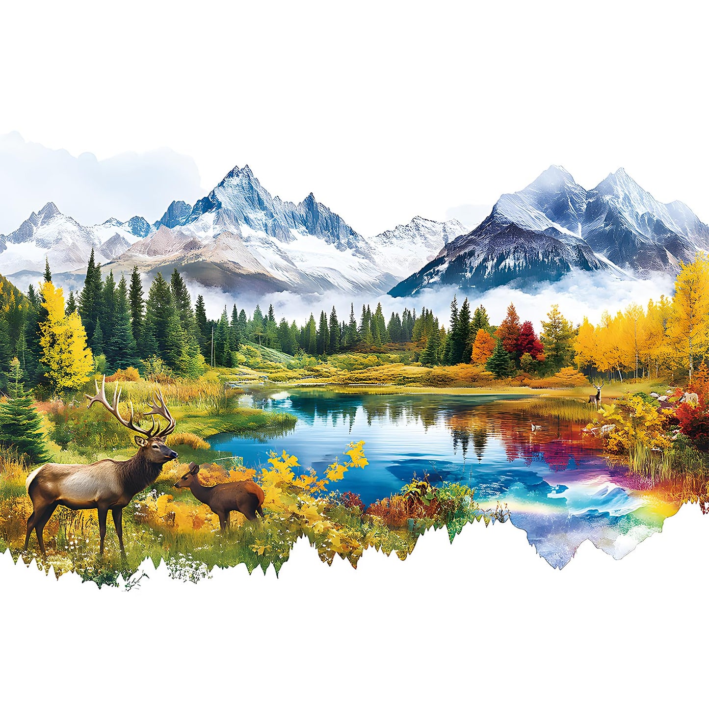 2000 Piece Puzzle for mature-themeds  Scenic Lake Reflection with Mountains  Forest  and Elk  Precision Cut Pieces  Eco-Friendly Material  Jigsaw Puzzle  39 x 28  Great Gift Idea