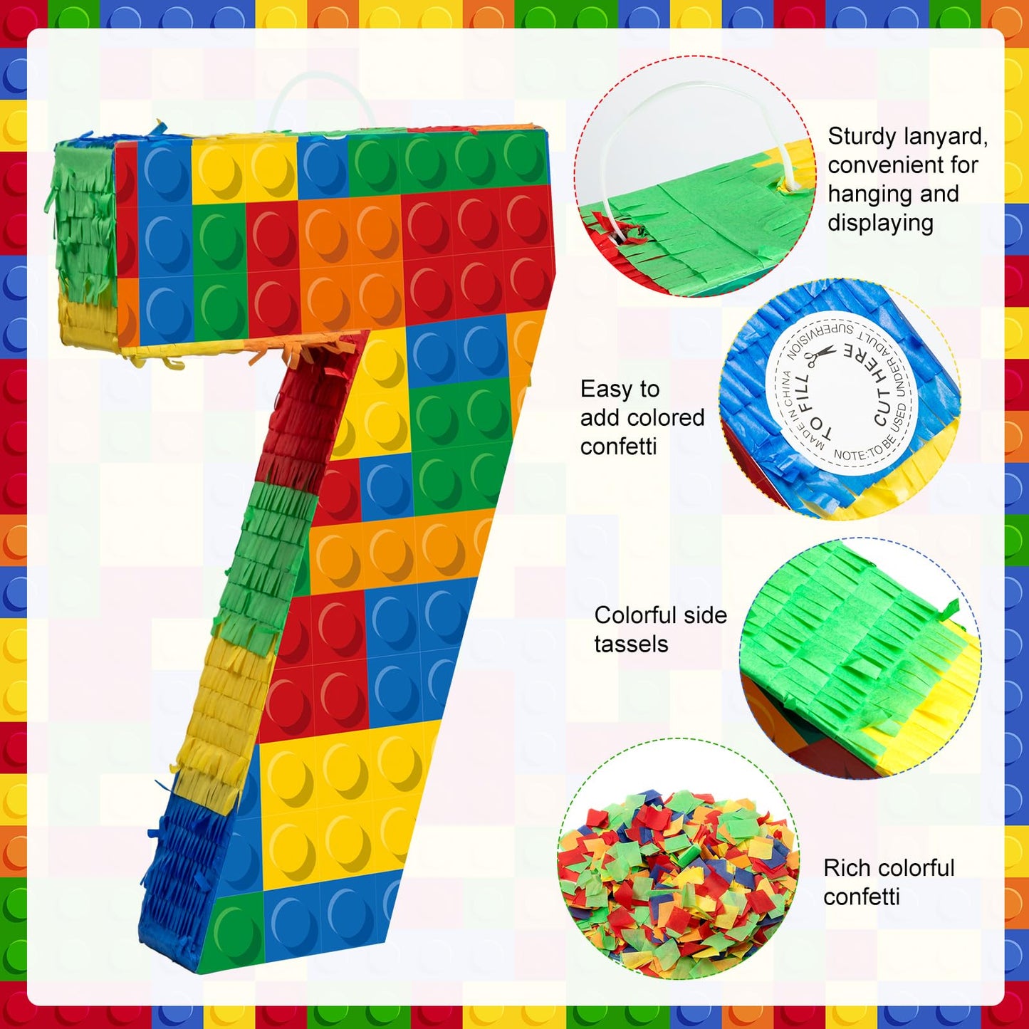 RoundFunny Number 7 Building Blocks Piata 16.5 Inch Piata Party Supplies 7th Birthday Party Decorations Piata with Confetti Bloc