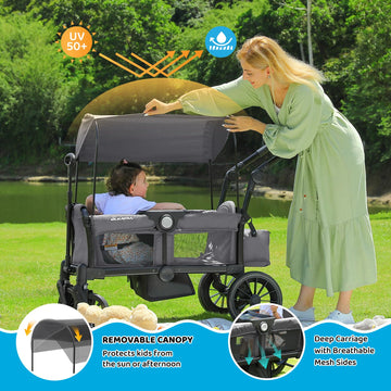 ELEMARA Stroller Wagon, 2 Seat Stroller for 2 Kids, Premium All Terrain Stroller for Kids w/Removable Canopy, Adjustable Push/Pu