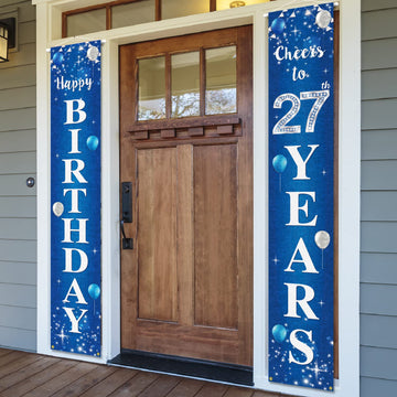 Happy 27Th Birthday Yard Sign Door Banner - Cheers To 27 Years Birthday Party Decorations Supplies For Men Women - Blue