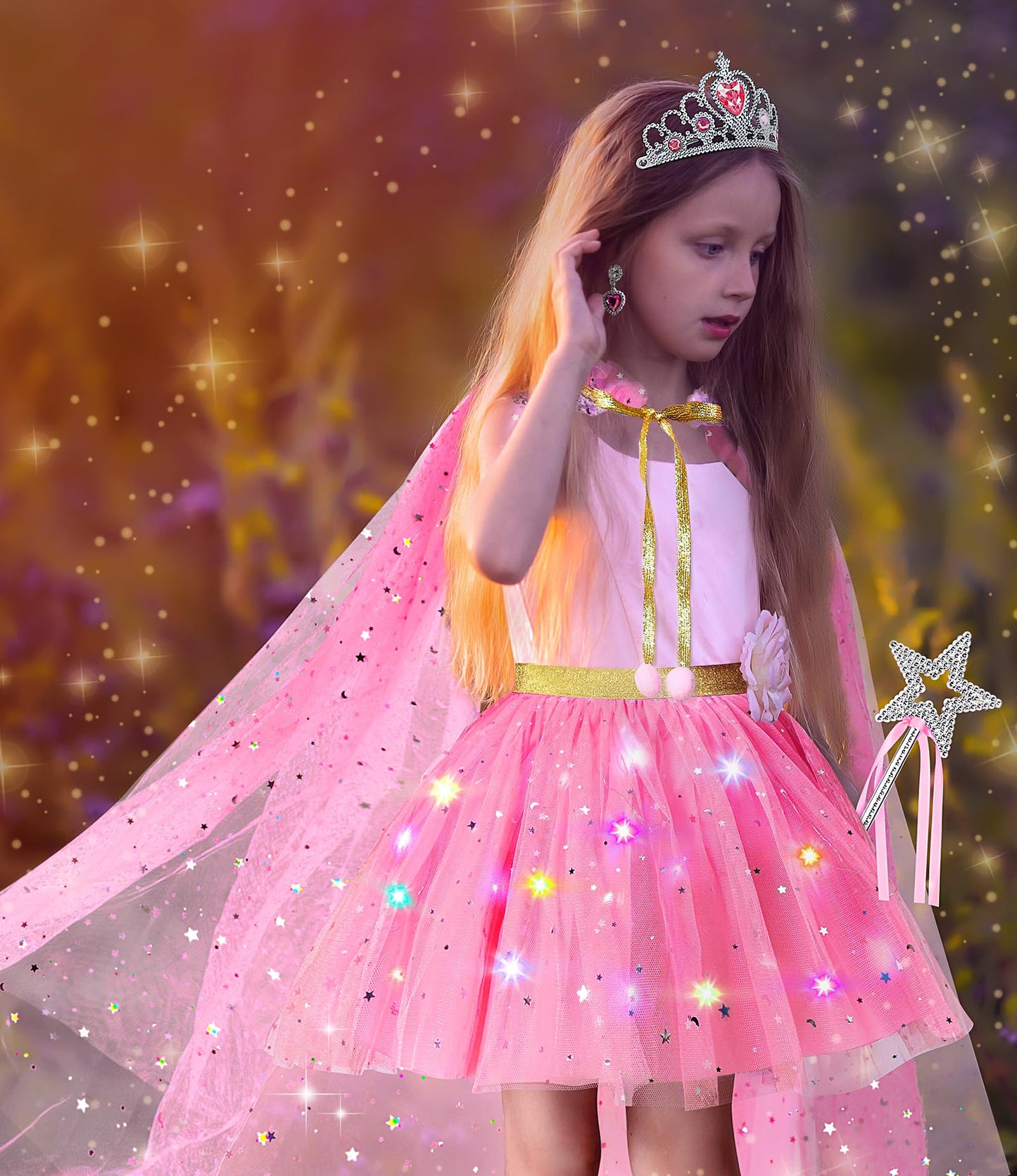 Dolnow Princess Dress Up Clothes For Little Girl, Light Up Princess Dresses Princess Cape With Crown Wand Toys For 3-6 Girls Pin