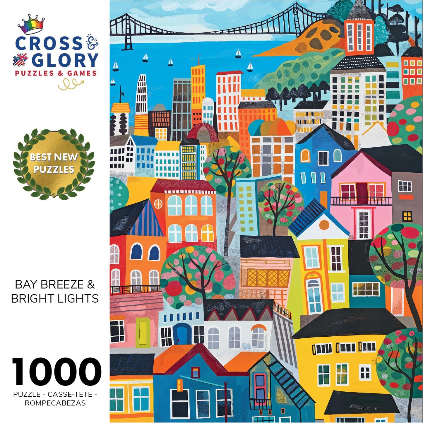 Cross & Glory 1000 Piece Jigsaw Puzzle - Bay Breeze & Bright Lights, Vibrant San Francisco Folk Art, 1.8mm Thick Cardboard
