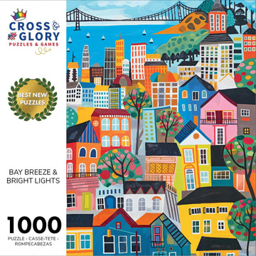 Cross & Glory 1000 Piece Jigsaw Puzzle - Bay Breeze & Bright Lights, Vibrant San Francisco Folk Art, 1.8mm Thick Cardboard