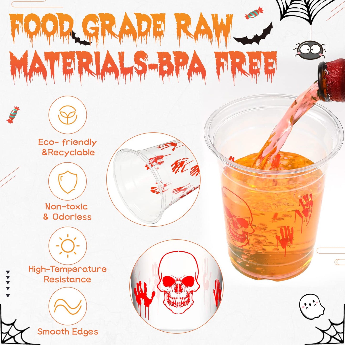 CHENGU 12 Oz Halloween Plastic Party Cups Halloween Clear Disposable Cups Skinny Skull Bloody Hand Halloween Cups for Drinks Jui