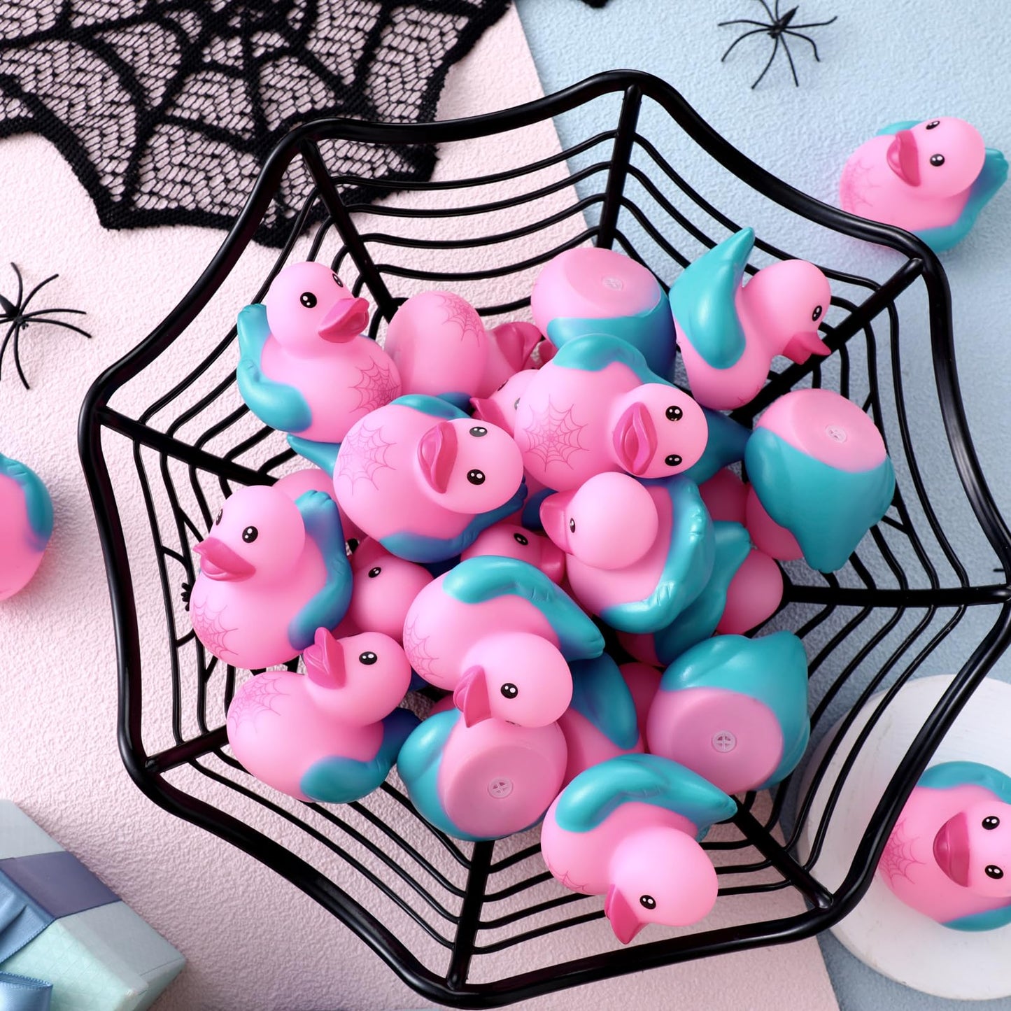 Leyndo 24 Pcs Christmas Spiderweb Birthday Party Decoration Favors Pink Spider Rubber Duck Bulk for Gifts Bathtub Floating Pool Squeaky Pink Blue Duck for Party Supplies