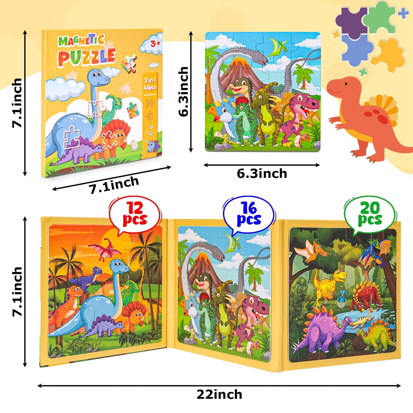 Lovestown Magnetic Puzzles For Toddlers, 48Pcs Dinosaur Travel Puzzle Book, 3 In 1 Educational Learning Magnets For Kids, Ideal Road Trip Activities Toys For Boys And Girls