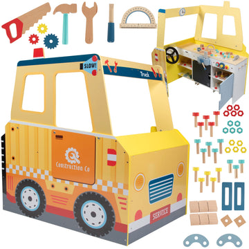 Construction Truck Wooden Playset w 60+ Toy Pieces- Pretend Hammer Saw Bolts & Screws- Spinning Turn Saw, Steering Wheel, Wood t