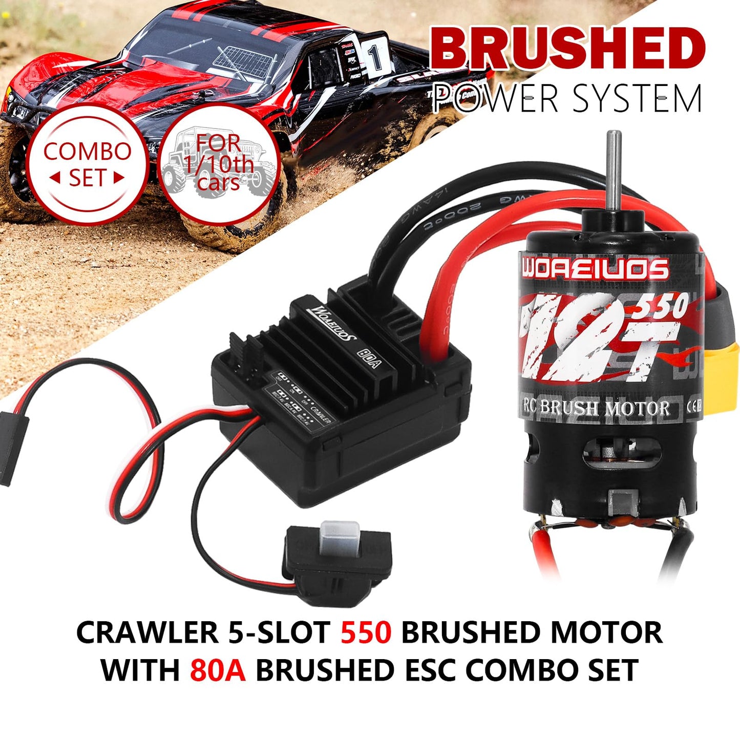 WOAEIUOS 550 Brushed Motor 12T & 80A ESC Brushed Motor ESC & Heatsink Combo for 1/10 RC Truck Car Slash Arrma Granite Senton Typ