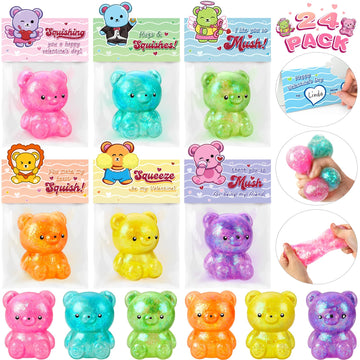 Valentines Day Cards For Kids Classroom, 24 Packs Valentine'S Day Squishy Bear Toys With Greeting Cards, Valentine Kids Party Fa