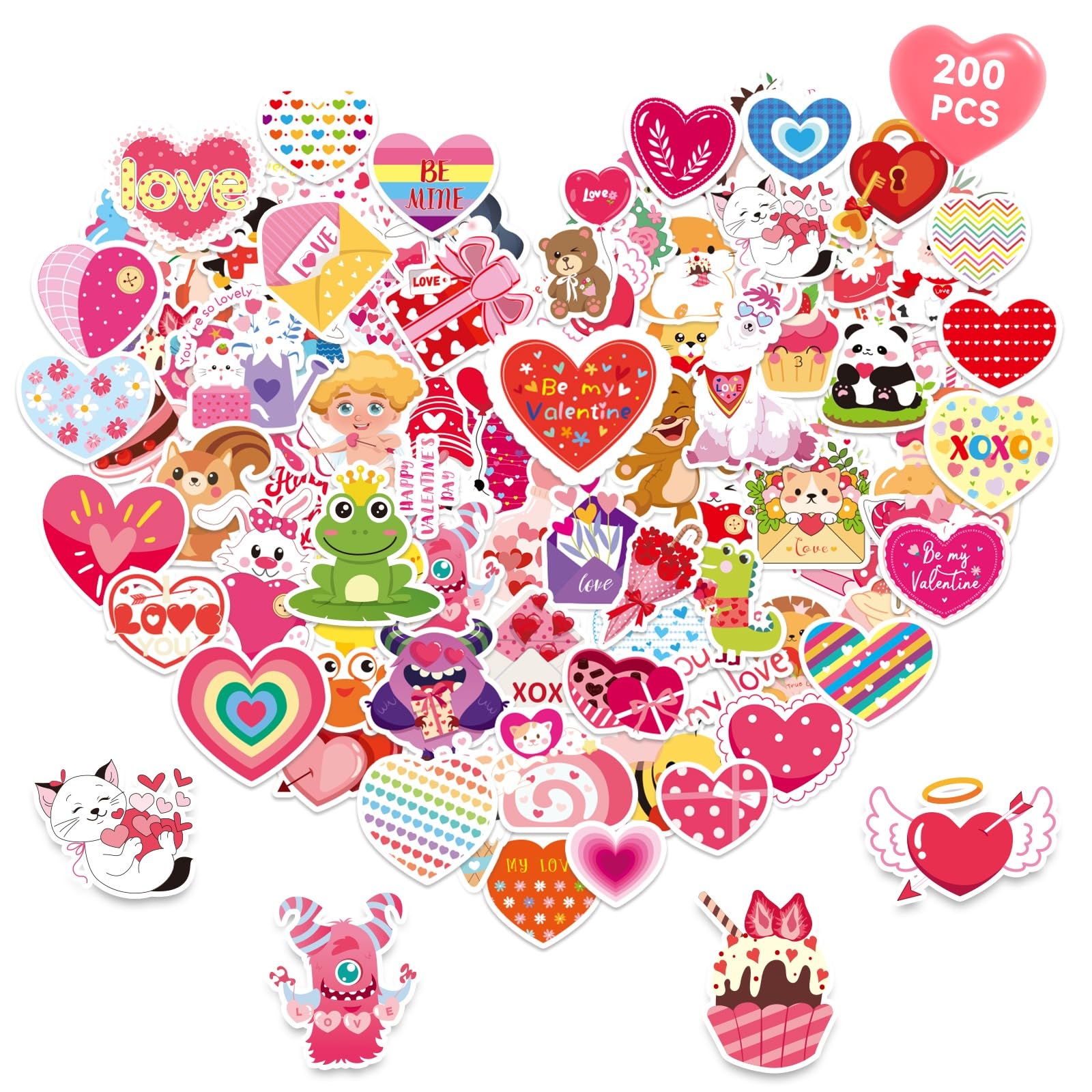 MARFOREVER 200 Pcs Valentines Stickers Love Heart Stickers for Kids Valentines Day Stickers Bulk Vinyl Waterproof Stickers for G