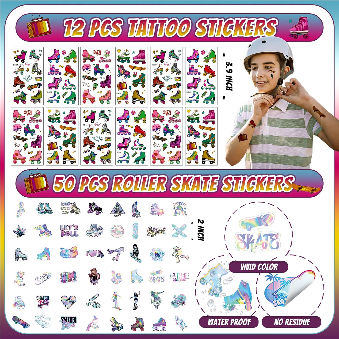 Joyvorite 134 Pcs Roller Skate Party Favors Set with Straws Keychains Slap Bracelet Tattoo Roller Skate Stickers Wristbands Good