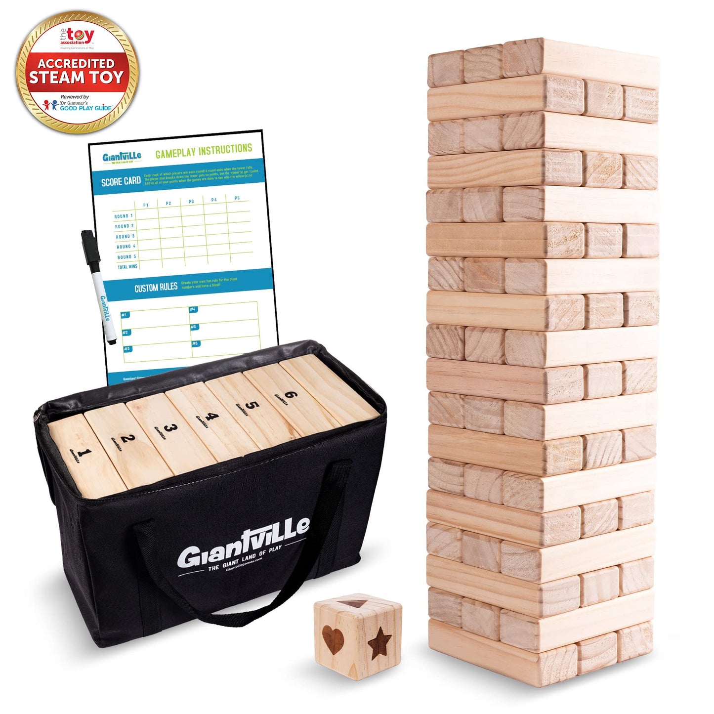 Giantville Giant Tumbling Timber Toy - enhanced Pine Wood Life-Size Blocks Tower - Big Floor/Board Indoor/Outdoor Yard Game for Kids & mature-themeds - 54-Pieces + Dice + Carry Bag - Grows to Almost 4-Feet