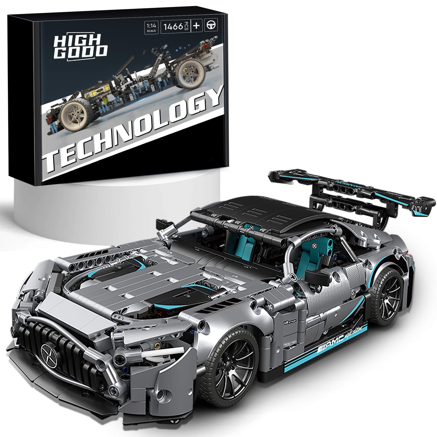 HIGH GODO Racing Car Building Kit, 1:14 MOC Super Sports Car, 1466pcs, Grey, Plastic Model 23009 for Adults & Kids
