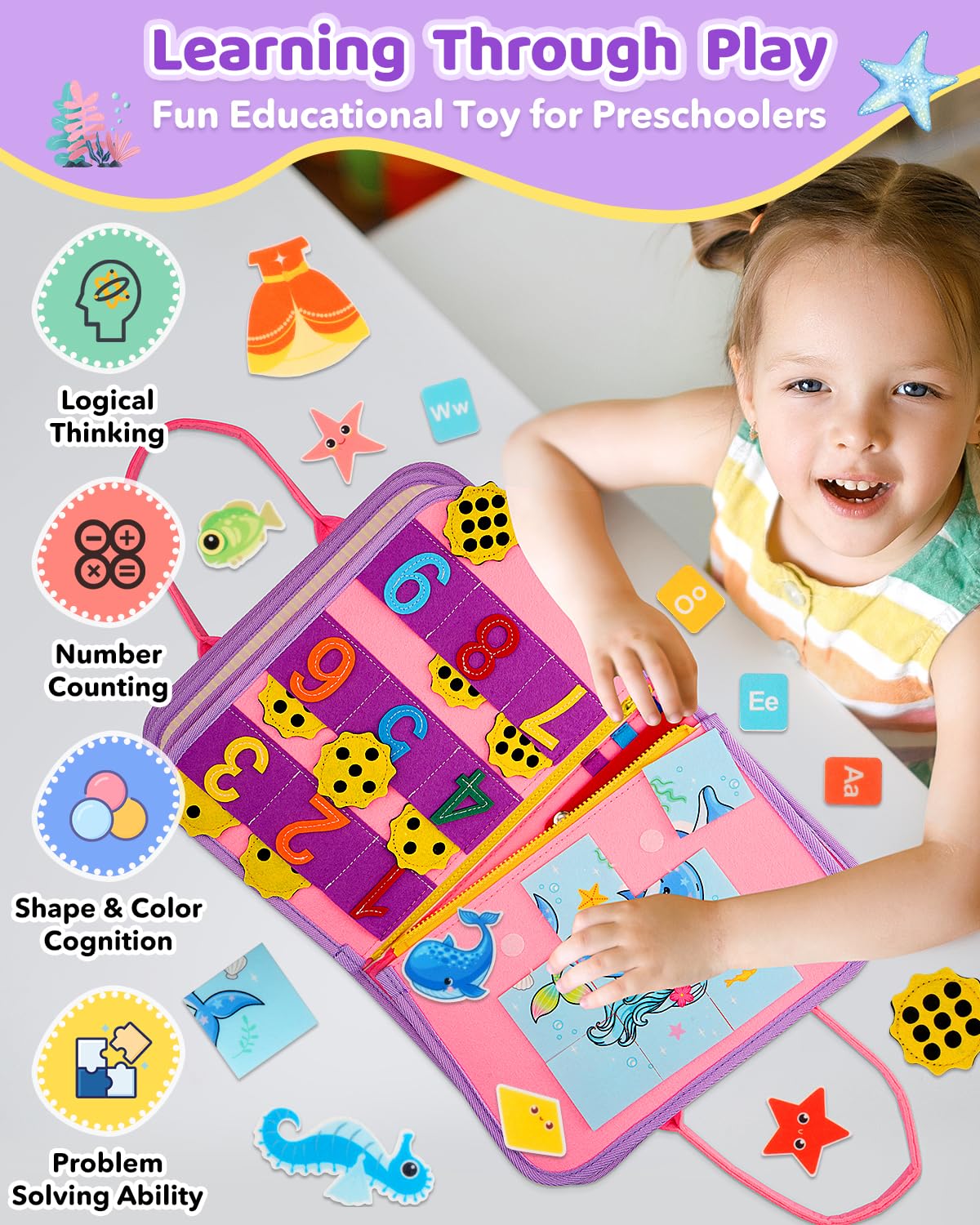 Safeli Toddler Busy Board, Montessori Toys For 1 2 3 Year Old Girl Birthday Gifts - Educational Busy Book, Kids Sensory Toy, Pre