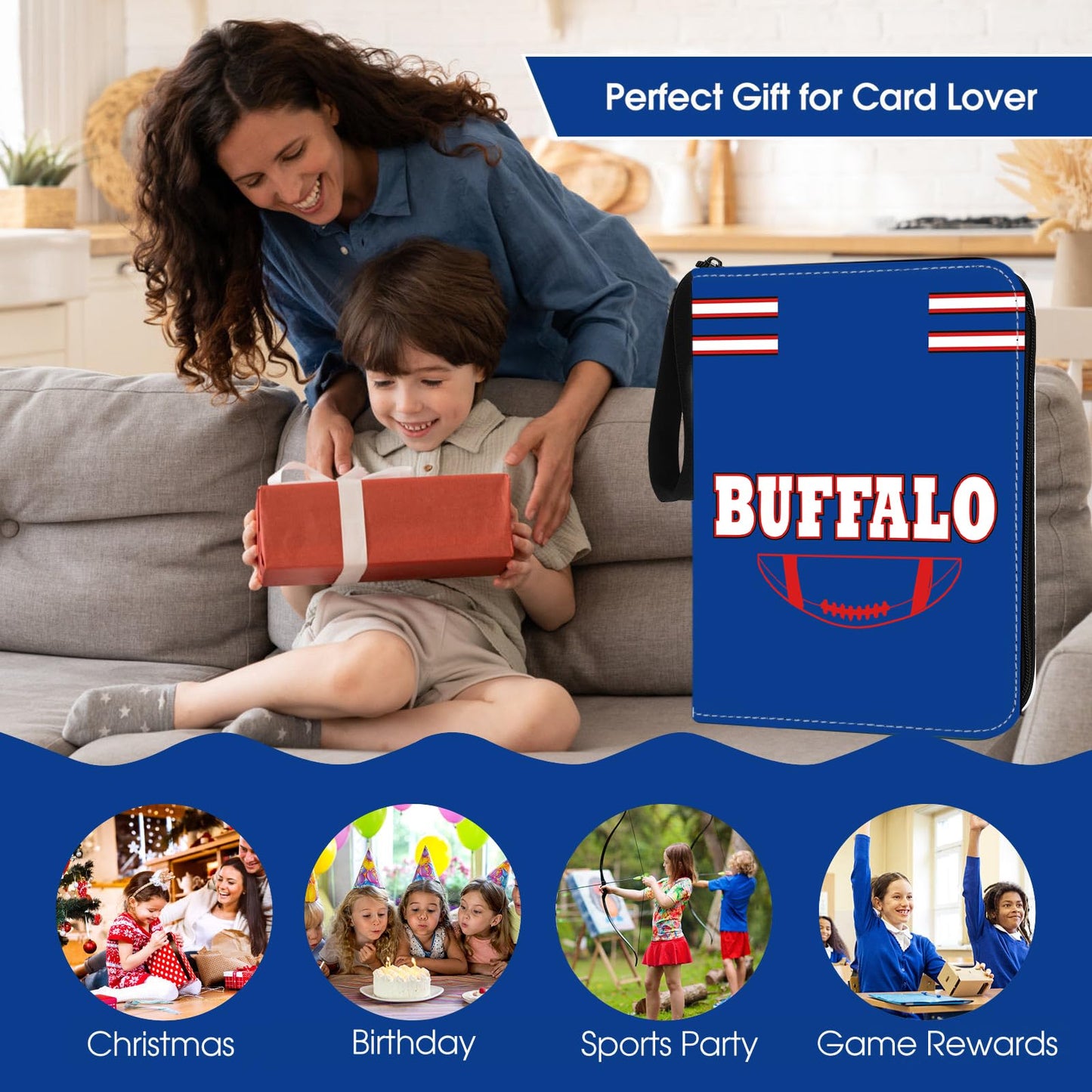 Football Card Binder With Sleeves 900 Pocket, Buffalo Football Card Holder For Trading Cards Sports Card 3 Ring Binder Folder Fo