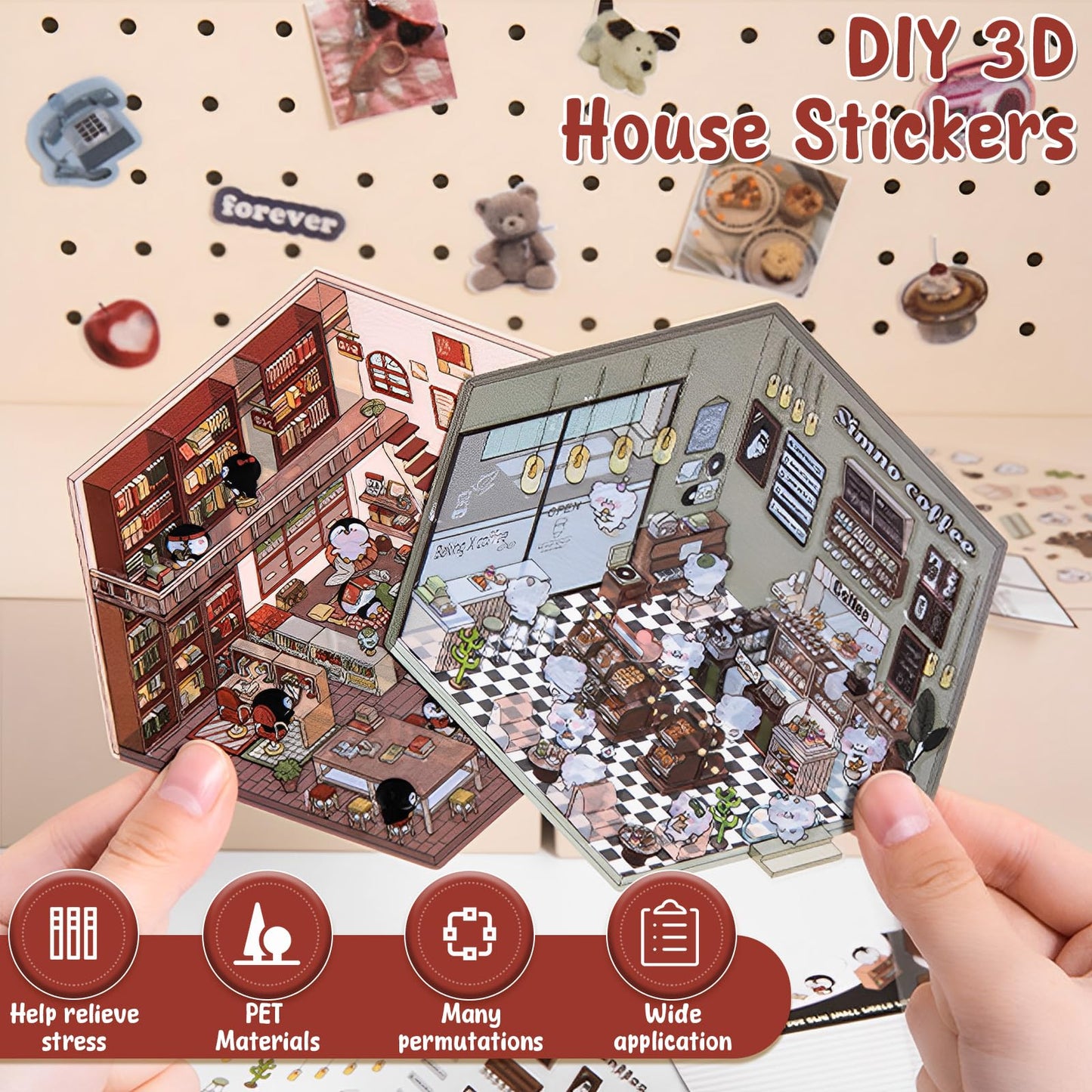 12 Set DIY 3D House Scene Stickers, Fun DIY 3D Sticker Scene Make Your Own Mini Room Coffee Shop Supermarket,Cute Cartoon Miniat
