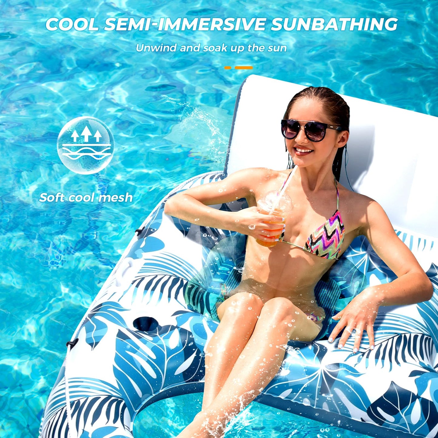 JCLEAL Pool Float Lounger mature-themed Inflatable Pool Floaties Rafts for 2 Person Extra Large Recliner Tanning Lounge Chair Water Floaty with Backrest Footrest Cup Holder for Party River Beach Lake Vacation