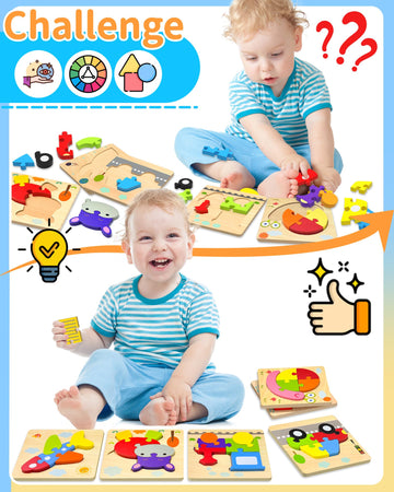 Wooden Puzzles Toddler Toys For 1 2 3 Years Old Boys Girls, 12 Vehicle Shape Learning Educational Blocks Birthday Gifts Sensory