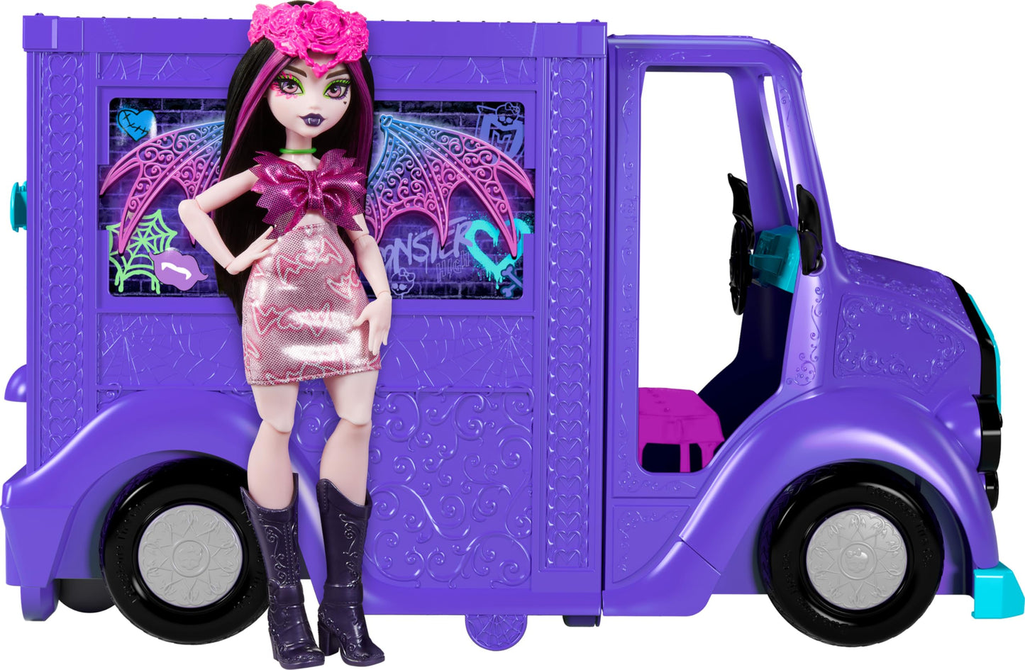 Monster High Draculaura Doll & Playset - Fangtastic Food Truck with Pullout Stage, 13+ Accessories, Multicolor, Model HXH83