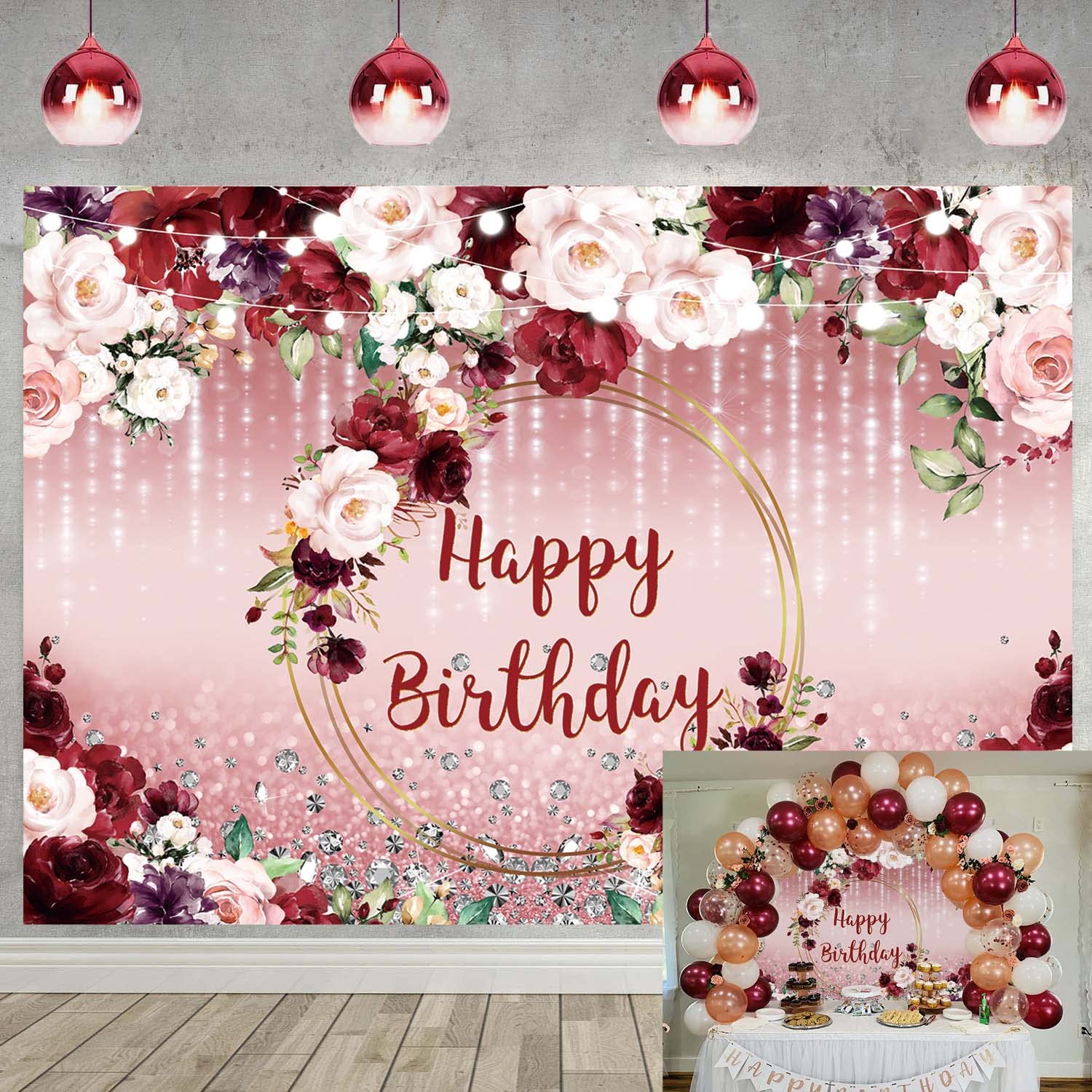 Floral Happy Birthday Backdrop for Women 7x5FT Burgundy Flowers Rose Gold Glitter Bokeh Photography Background Girls Birthday Pa