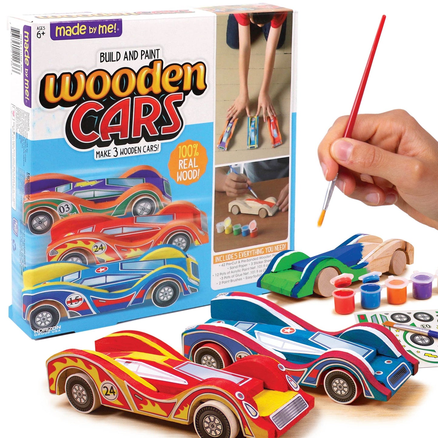 Made By Me Build & Paint Your Own Wooden Cars by Horizon Group USA, DIY Wood Craft Kit, Easy to Assemble & Paint 3 Race Cars, Mu