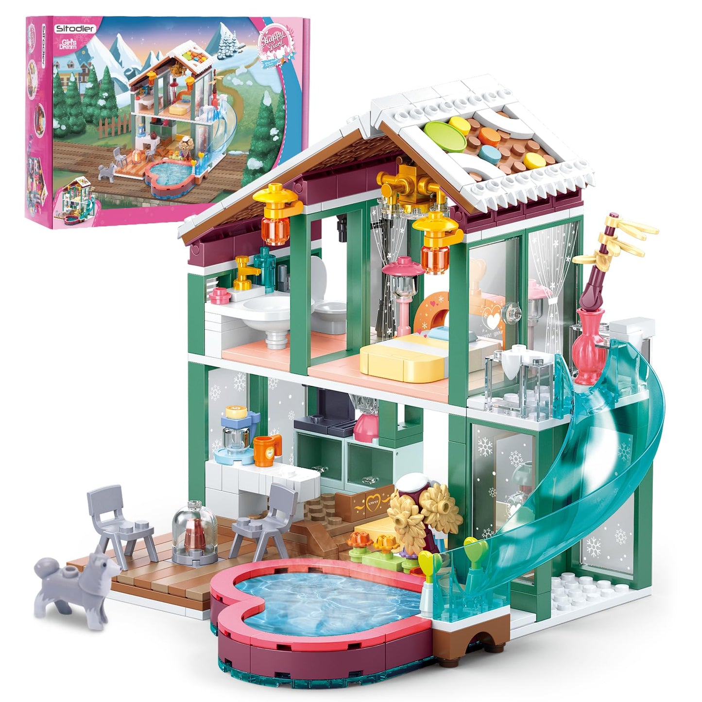 Sitodier Building Blocks Set Toy, 439Pcs Hot Spring Vacation House Building Bricks Kit For Kids, Girls Boys Building Blocks Construction Educational Toys Nice Present For Kids Age 6 7 8 9 10 11 12