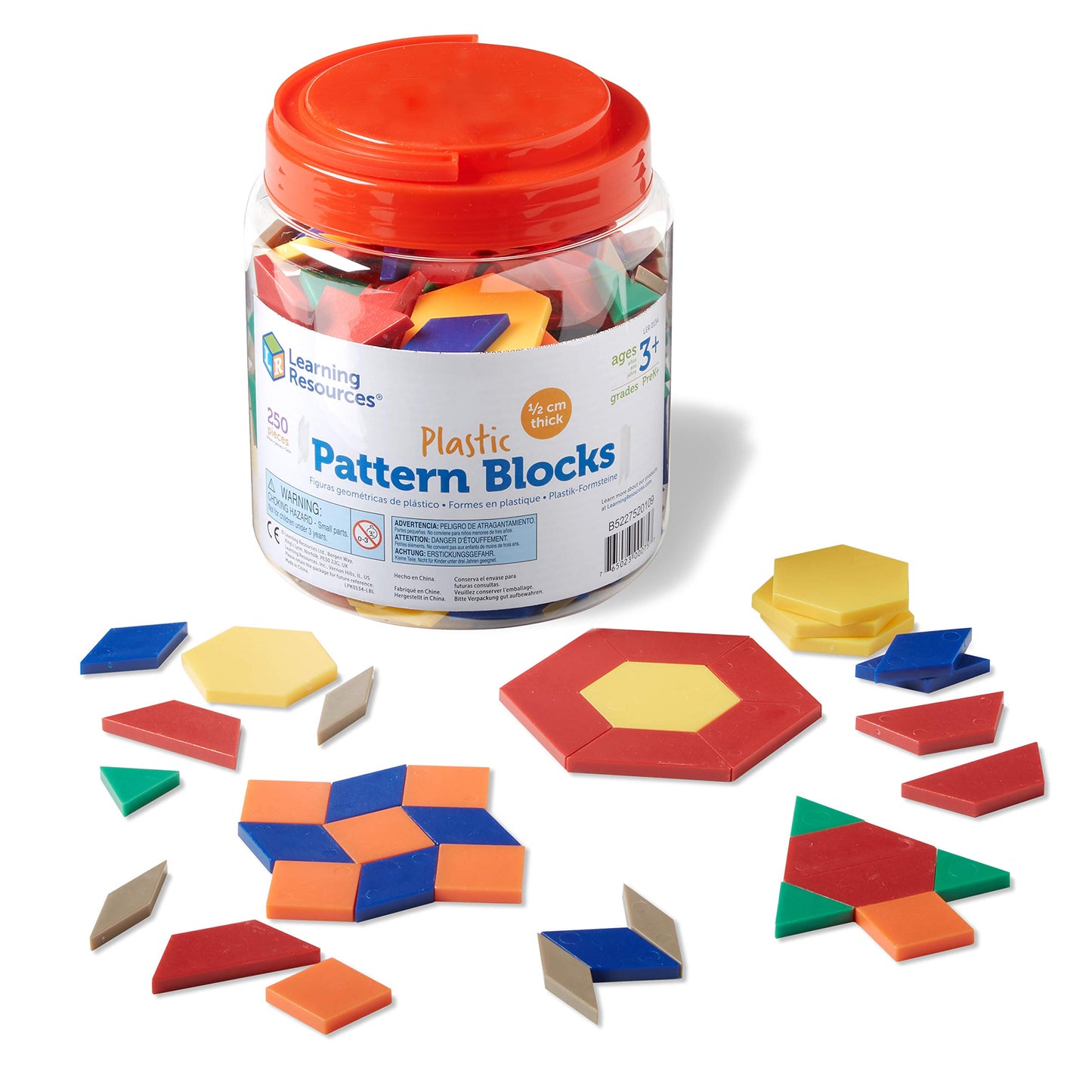 Learning Resources Plastic Pattern Blocks - Set Of 250, Ages 3+, Shape Games For Preschoolers, Homeschool Supplies, Shape Manipulatives For Kids,Back To School Supplies,Teacher Supplies