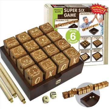 Super Six : Wooden Multi Board Game: Tic Tac Toe + Shut The Block + 15 Number Sliding Puzzles For Kids And Family