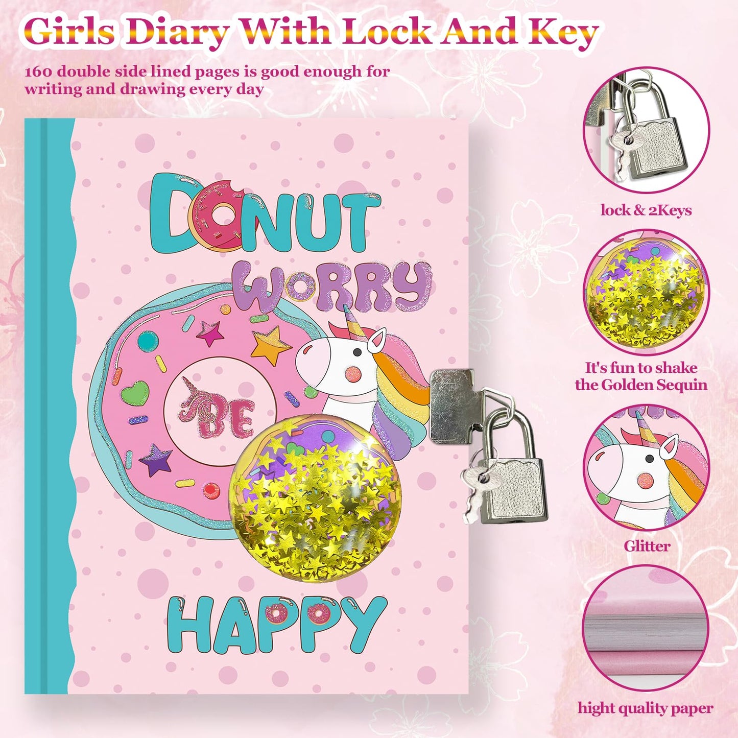 Ginmlyda Girls Diary With Lock For Kids, Pink Doughnut Diaries 7.1X5.3” 160 Page Cute Secret Notebook For Girls Journal With Lock & Key For Little Kids Writing Drawing Girls Gift Age 5-10 Years Old