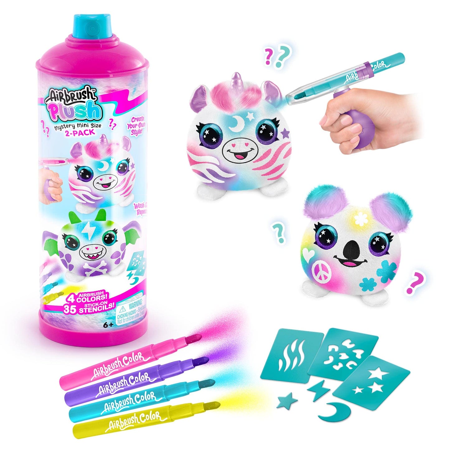 Canal Toys Airbrush Plush Mini Mystery 2 Pack - Multicolored, Customize with Markers & Stencils, Ages 6+