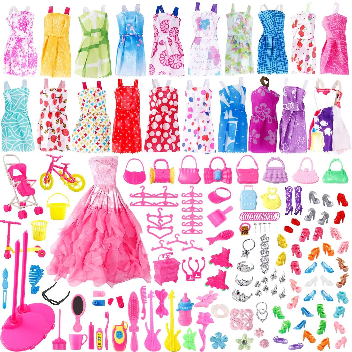 Janyun Dolls Accessories,114Pcs Doll Clothes Party Gown Outfits Set For Doll And Girl Dolls Dresses Accessories Shoes Bags Necklace Mirror Hanger Tableware Stocking Stuffers