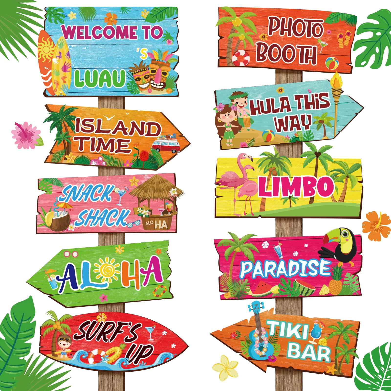 20 Pieces Luau Party Decorations Hawaiian Party Welcome Sign Summer Tropical Party Direction Signs for Fiesta Hawaiian Luau Tiki