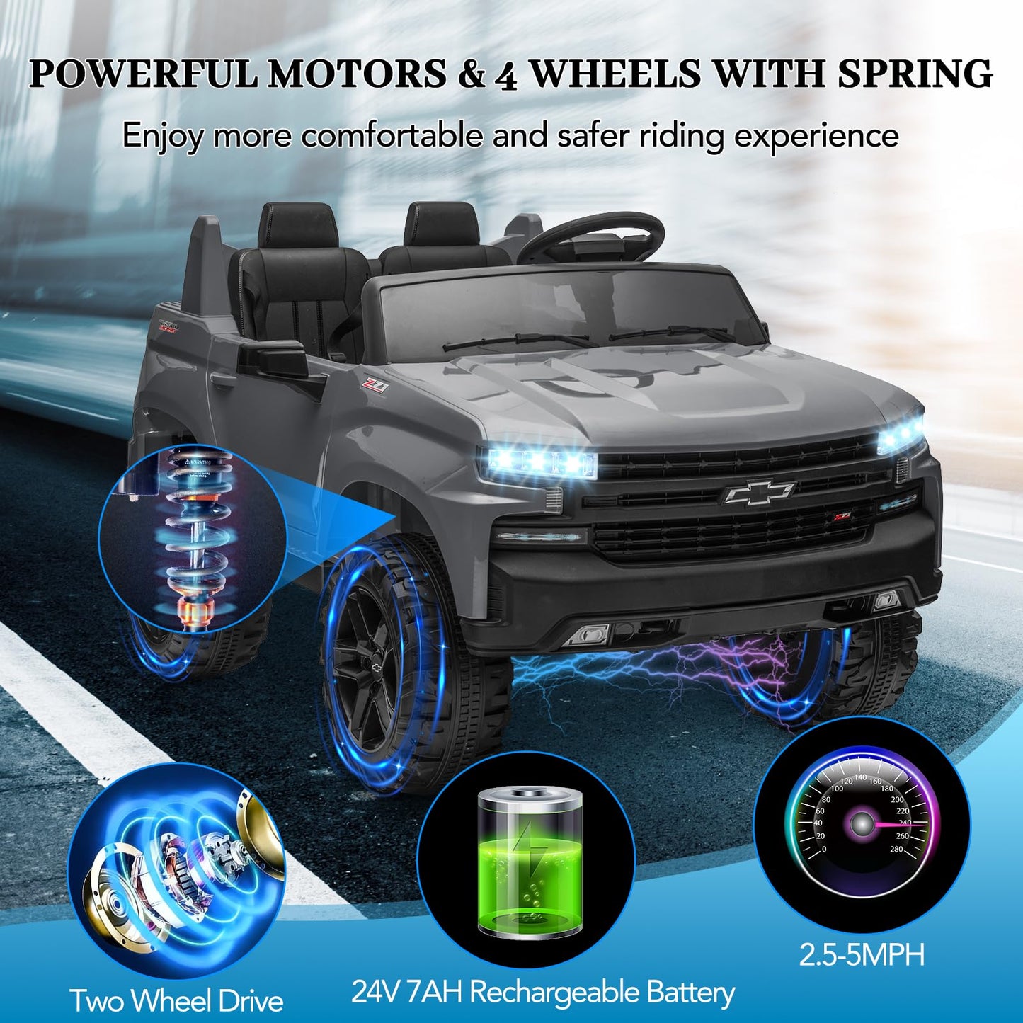 Hetoy 24V 2-Seater Truck Licensed Chevrolet Silverado Ride On Car Toy w/Parent Remote Control,4xSpring Suspension, 3 Speeds, Wir