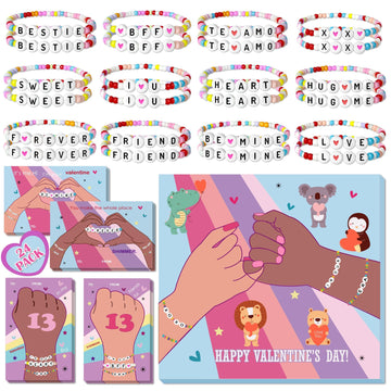 Gerigity Valentines Day Cards for Kids School - 28 Pack Valentines Bracelets for Kids, Friendship Valentines Cards, Valentines D