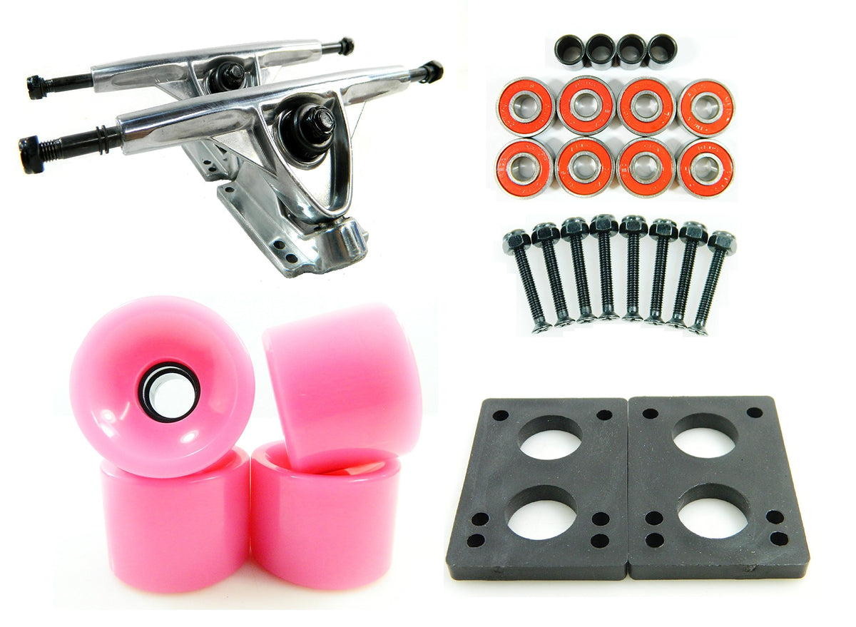 Big Boy Longboard Parts Package 180mm Raw Trucks 70mm Solid Pink Wheels/Bearings/HW