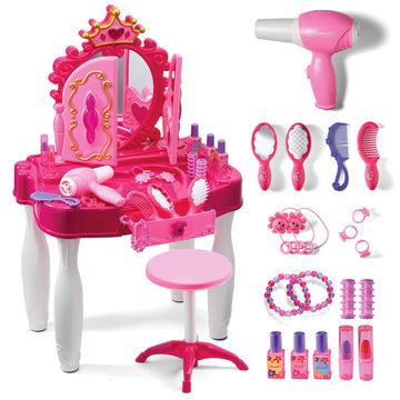 Play22 Pretend Play Girls Vanity Set With Mirror And Stool 21 Pcs - Kids Makeup Vanity Table Set With Lights And Sounds - Kids B