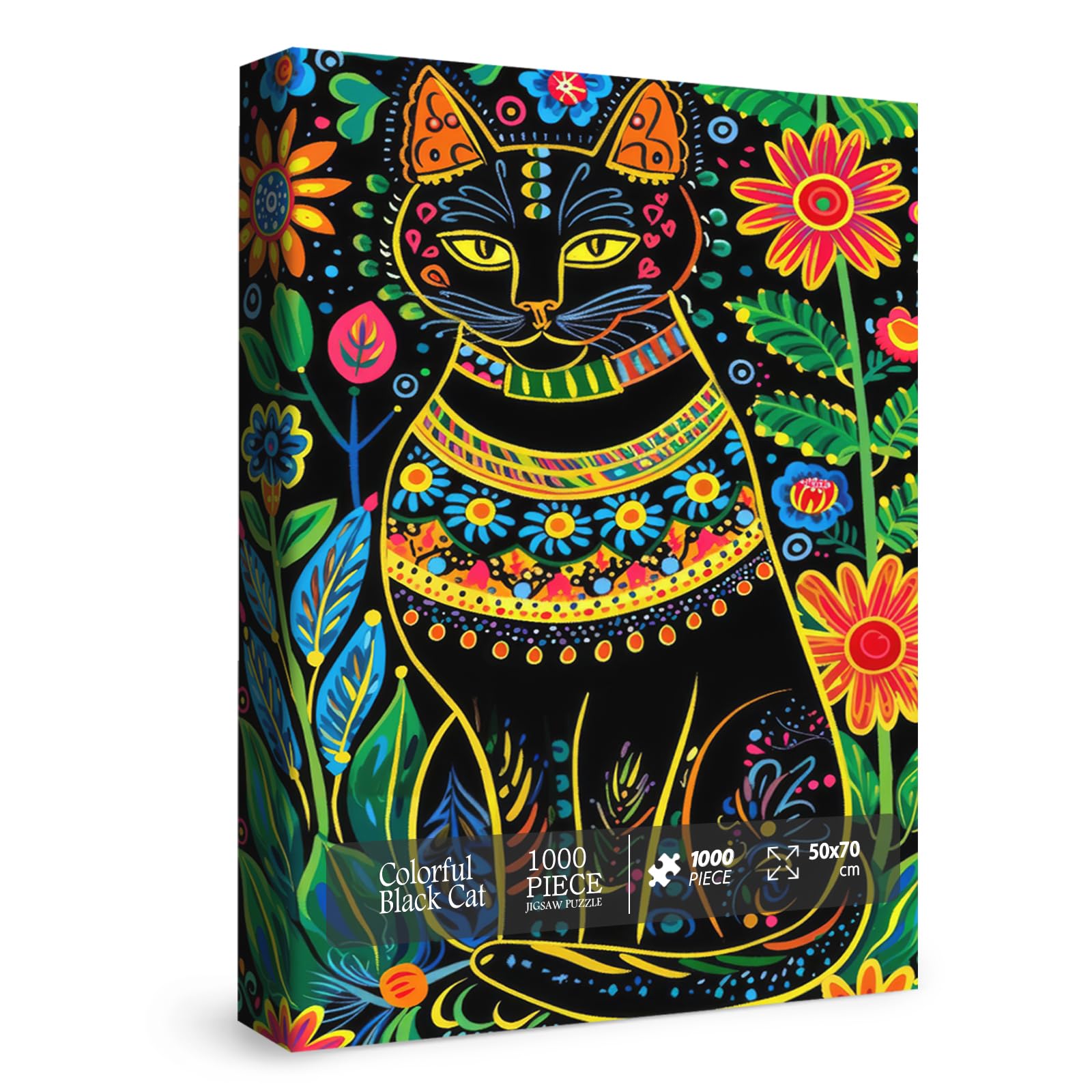 Cat Flower Puzzles for Adults 1000 Pieces, Black Cat Art Jigsaw Puzzles, Animal Cute Garden Puzzles