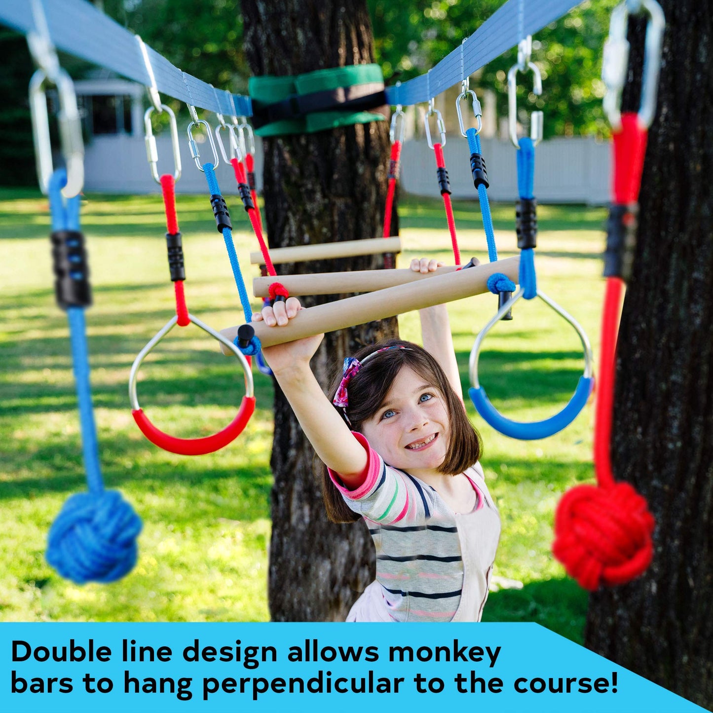 Double Ninja Slackline Obstacle Course For Kids | 80 Foot Line | Ninja Slackline Monkey Bars Playground Equipment | Ninja Ropes Course | Patented Double Line Design