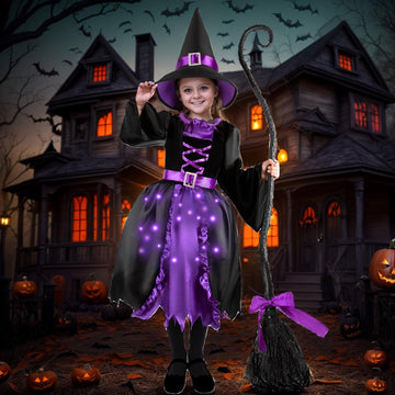 Kiddokids Witch Costume Set With Wand And Hat For Girls, Led Light Up Halloween Dress Up For 3-12 Year Olds, Parties And Role Pl