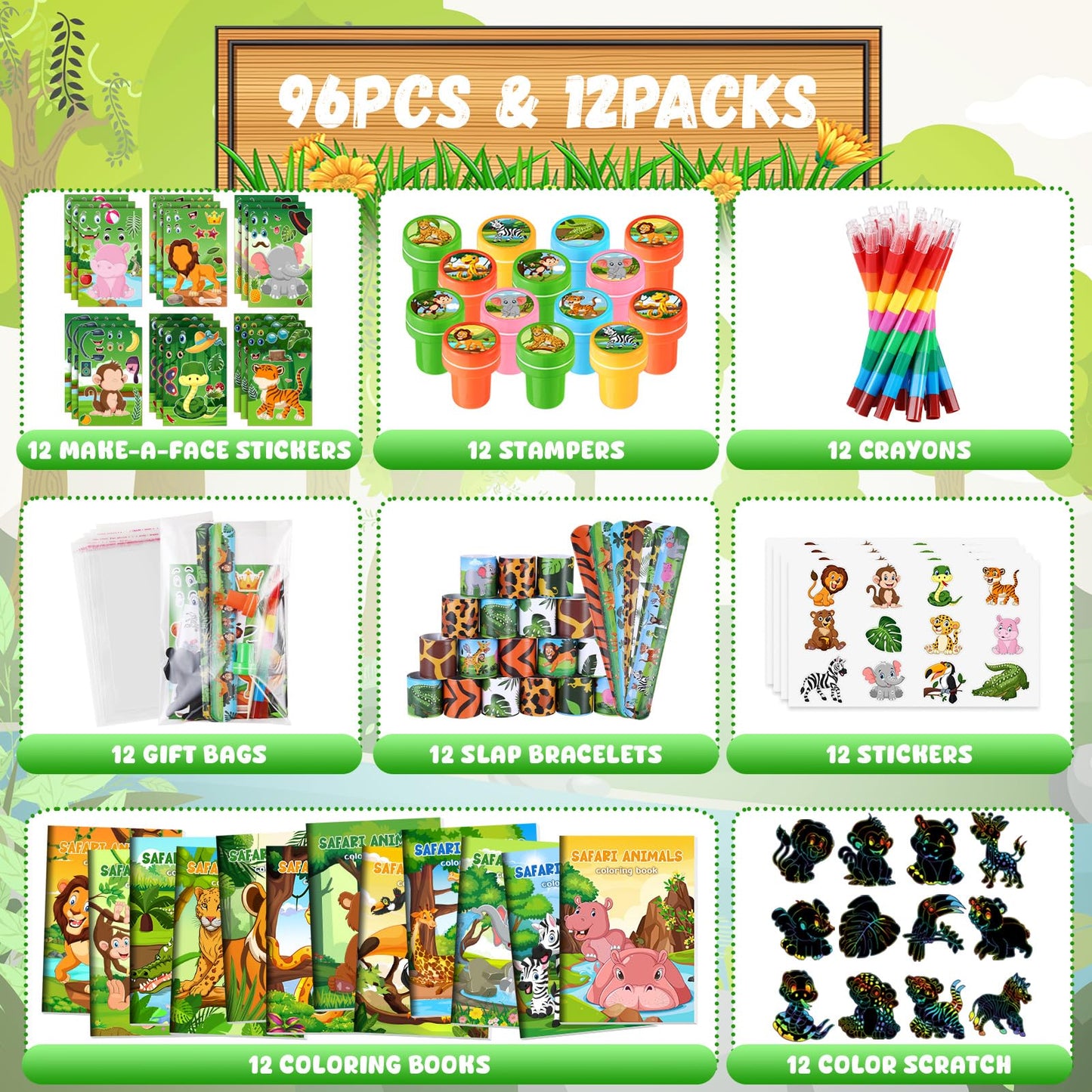 BenLouis 96Pcs Jungle Safari Party Favors Zoo Animals Coloring Books Crayons Sticker Stampers Slap Bracelets Set Bulk Classroom