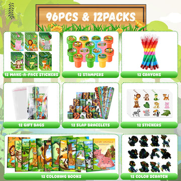 BenLouis 96Pcs Jungle Safari Party Favors Zoo Animals Coloring Books Crayons Sticker Stampers Slap Bracelets Set Bulk Classroom