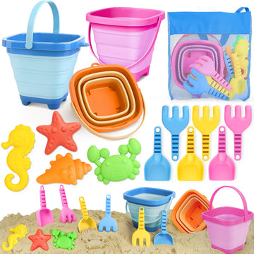 Dreamon Beach Toys for Kids 3-10, Collapsible Sand Castle Toys for Beach Include 3 Pack Foldable Buckets, Shovels Molds and Stor