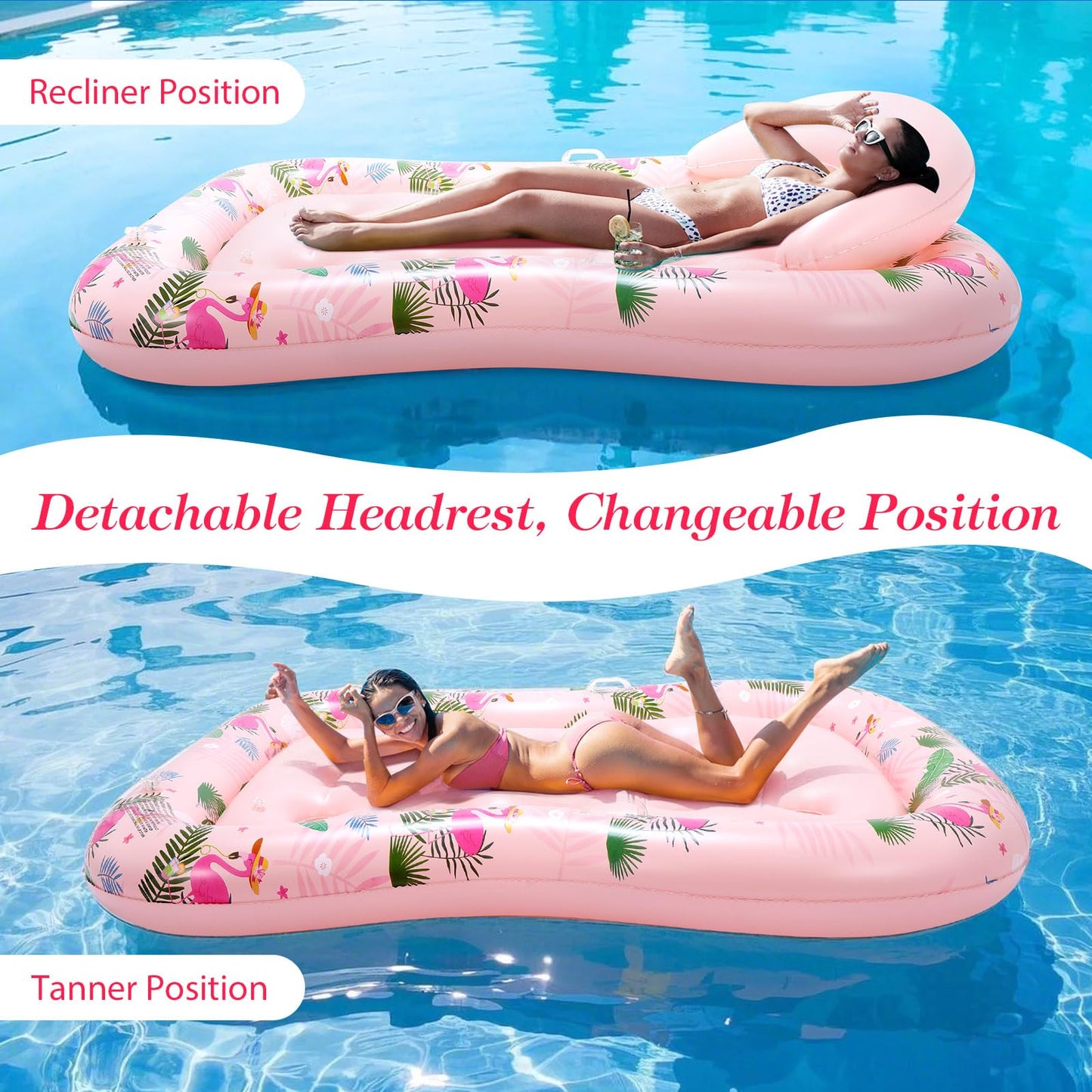MoKo Inflatable Pool Floats mature-themed-Water Lounge with Detachable Headrest & Cup Holders Pool Lounger Float Raft Swimming Pool Floaties Toys for Party Lake Summer Beach Outdoor  Pink Flamingo