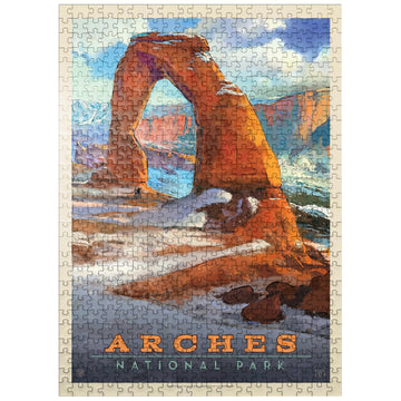 MyPuzzle Arches National Park: Snowy Delicate Arch, Vintage Poster - Premium 500 Piece Jigsaw Puzzle for Adults