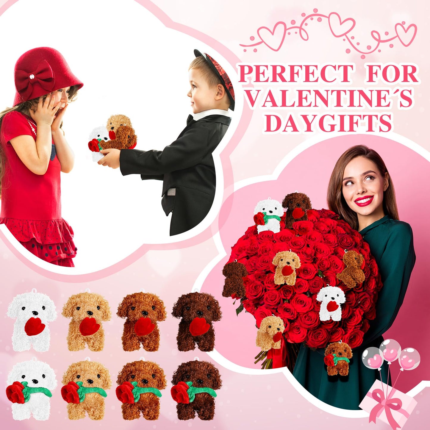 Liliful 20 Pcs Valentine'S Day Plush Gift Dog With Rose Heart Animals Small Stuffed Plush Animals Bulk For Birthday Valentine Pa